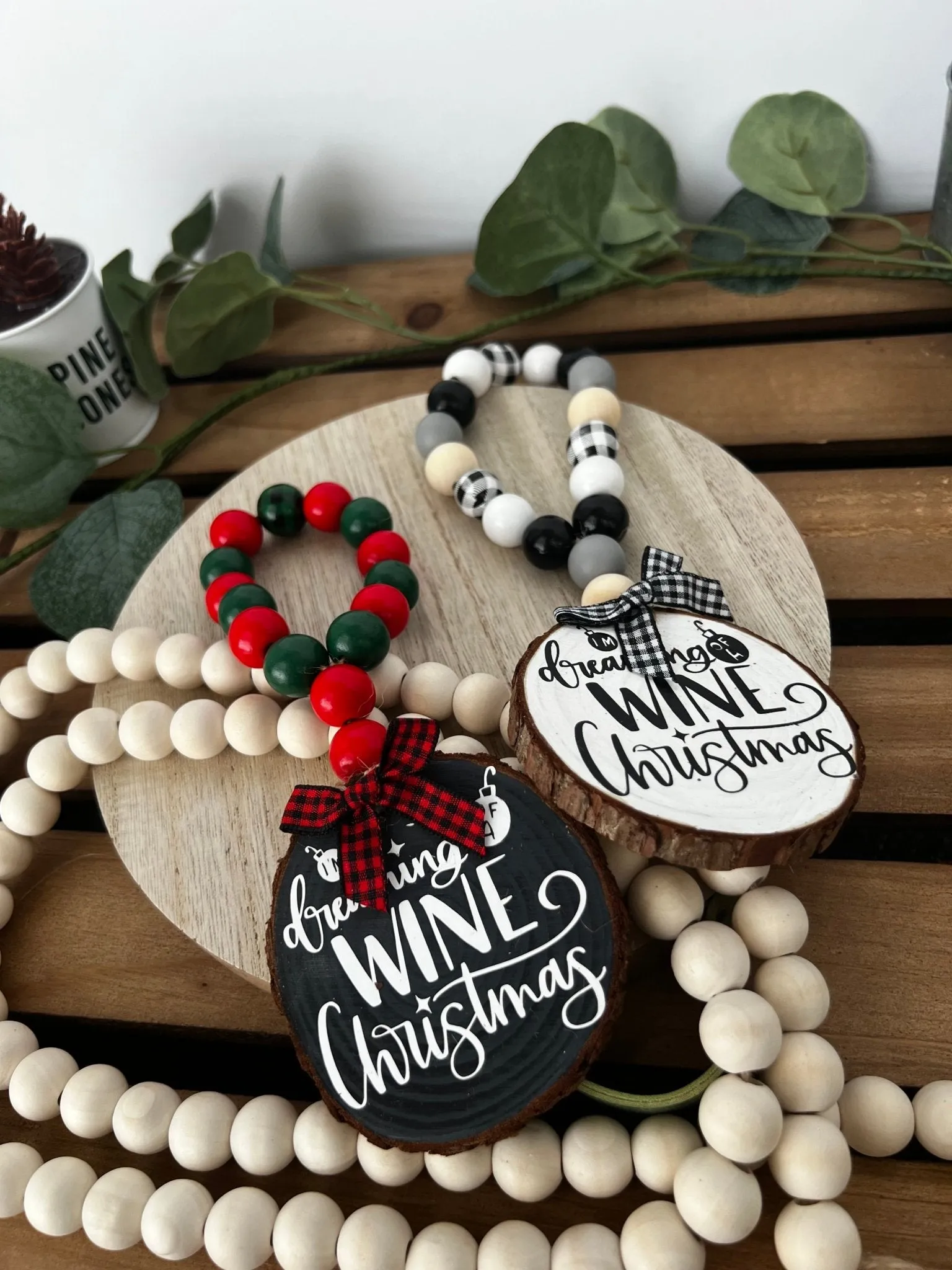 Wine Bottle Hang Tag with Wood Bead Dreaming of a Wine Christmas