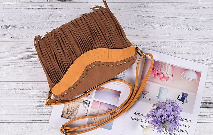 Womens Vegan Leather Fringe Crossbody Bag Western Purse With Fringe Boho Purses for Women